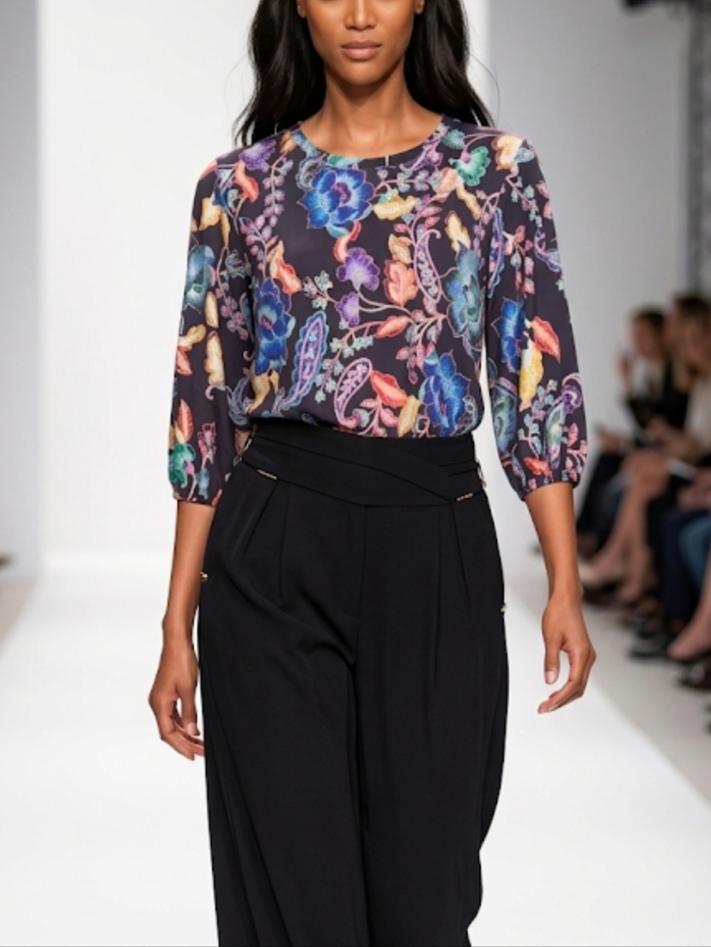 Johnny Was Navy Floral C-Neck  Top